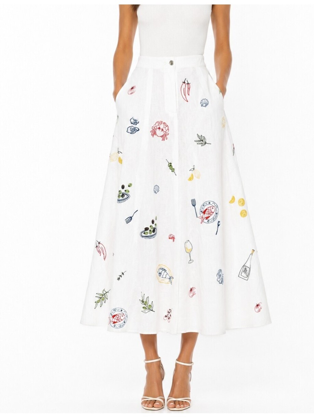 Caroline Constas White Linen Blend Embroidered Seafood Maxi Skirt Size 2